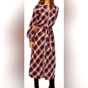 H&M Sz 2 Plaid DRESS WITH TIE BELT Front button down closure.